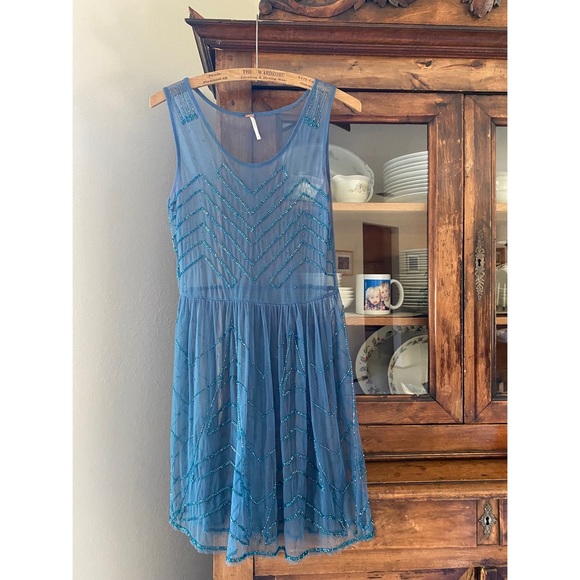 Free People Blue Mesh Beaded Slip - Picture 1 of 12